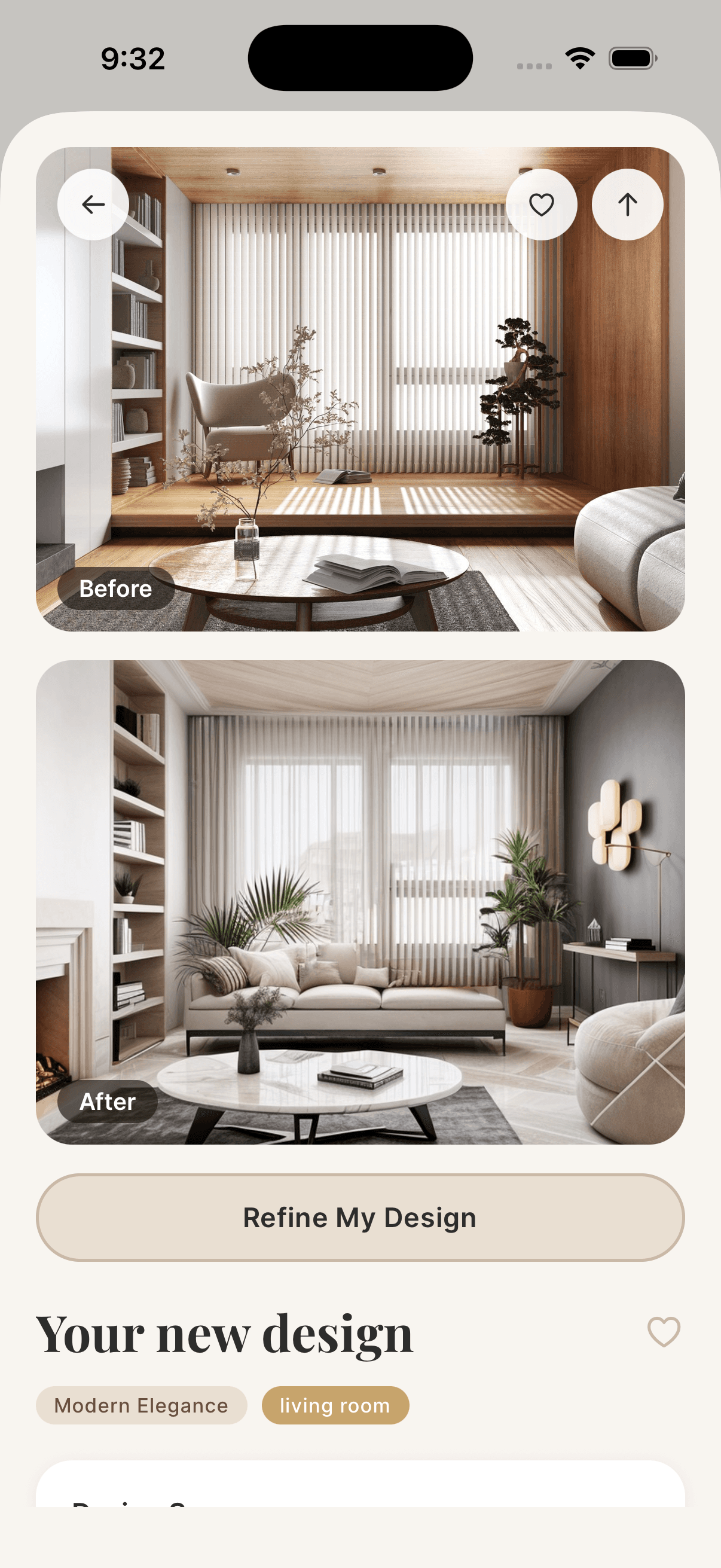 The Vistelle app showing a before and after room transformation with design details