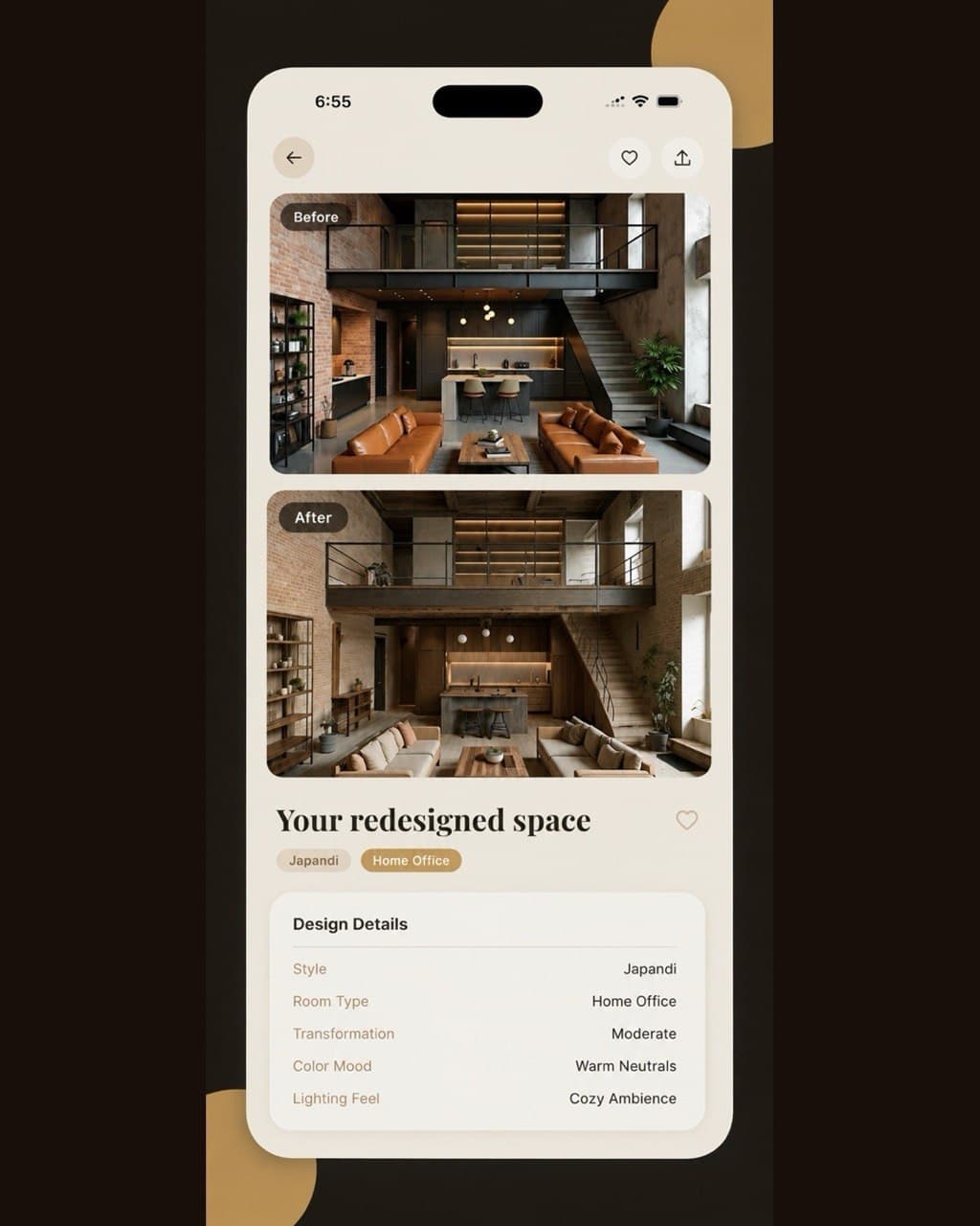 The Vistelle app showing a before and after room transformation with design details